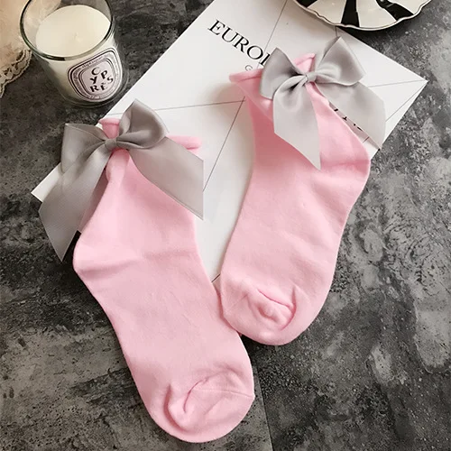 Bow Socks pink gray Милые короткие носки из хлопка с большим бантом на пятке; сезон зима-осень-весна; женские короткие носки; Chaussette - Цвет: Bow Socks pink gray