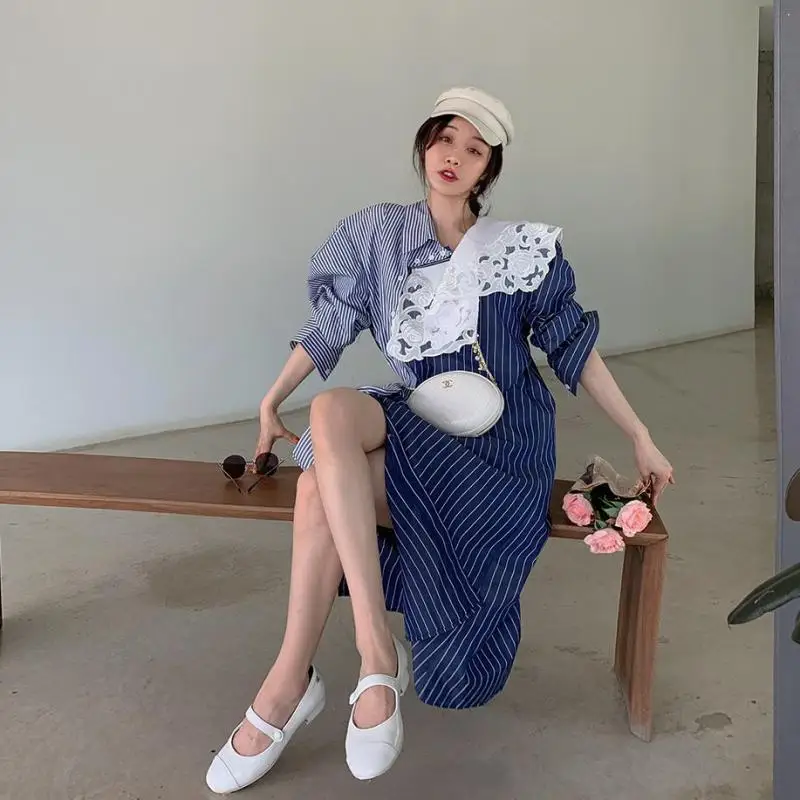 GETSRING Женское Платье асимметричное кружевное лоскутное платье в полоску
