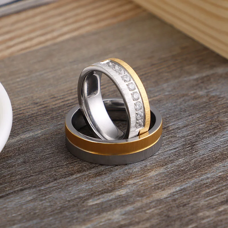 Simple Stainless Steel Alliance Ring Gold&ampSilver Color Couple Cubic Zirconia Wedding Female Male Anniversary Jewelry | Украшения и