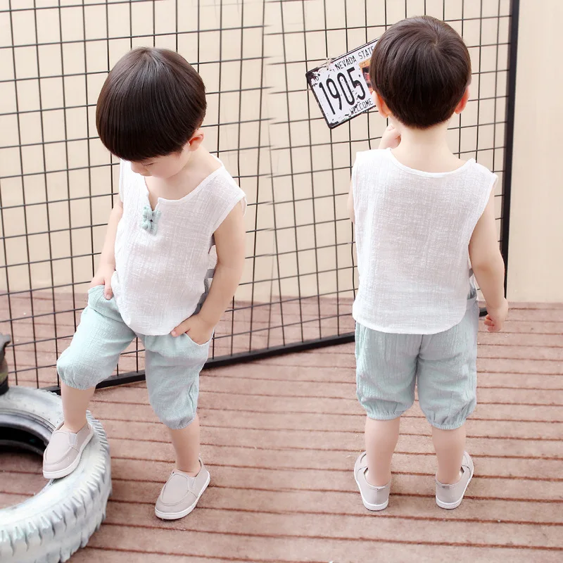 

Cute Chinese Style Newborn Baby Boy girl Set Clothes Summer Cotton Linen Sleeveless Tops Vest and Shorts Infant Boy 2 Piece Sets