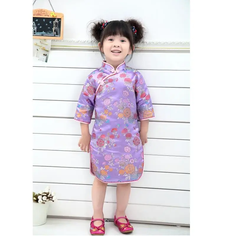 Plum Blue Baby Girl Dresses Chinese Spring Festival Children Clothes Girls One-Piece Cheongsam Kids Dress Chi-Pao Costumes Silk | Детская