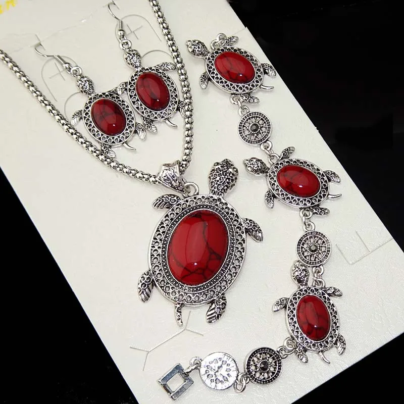 Античное серебро 3 шт. черепаха красная бирюза натуральное ожерелье серьги