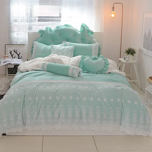 4 Blue Pink Purple Soft Berber Fleece Princess Girl White Lace Bedding Set Fleece Fabric Duvet Cover Bed sheet/Linen Pillowcases - Цвет: 4