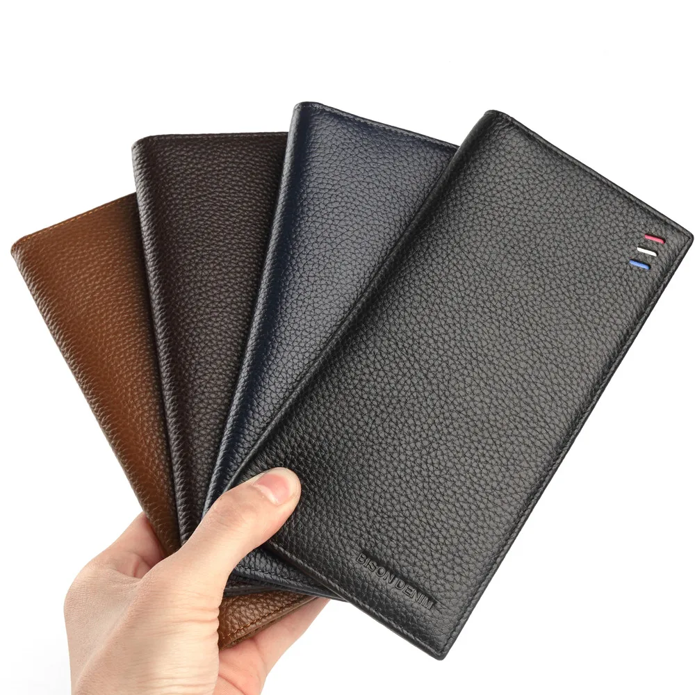 

BISON DENIM Genuine Leather Wallet Male Slim Men's Luxury Long Clutch Black Card Slot Money Bag Male Purse N4391-5