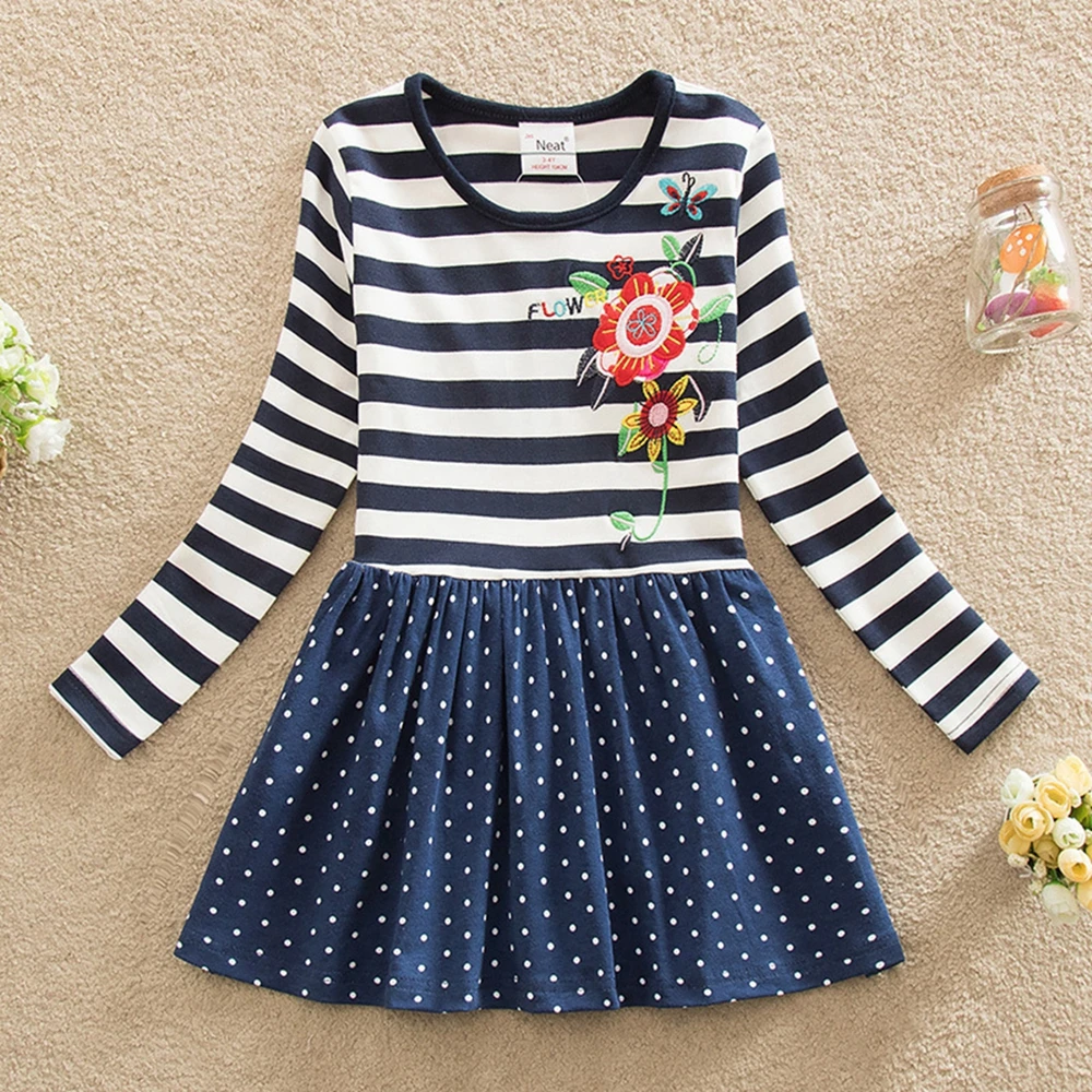 JUXINSU Toddler Girls Long Sleeve Dresses for Kids Baby Autumn Winter Cotton Casual Dress Flower Stripes Girl 1-8 Years | Детская одежда