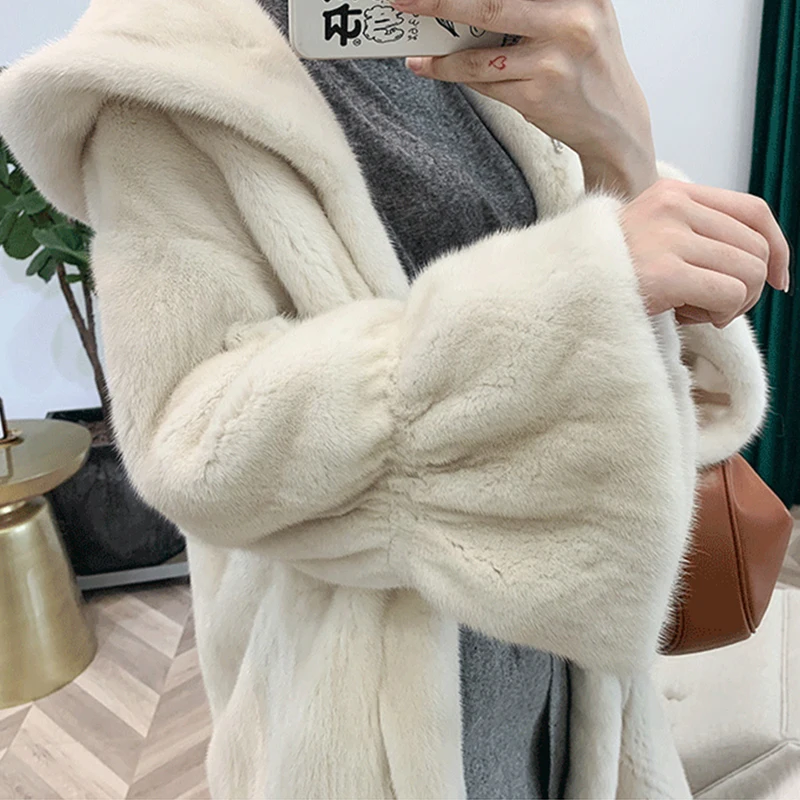 Fang Tai Fur2019 Женская импортная бархатная норковая шуба с меховым капюшоном с расклешенными рукавами, норковые шубы женские длинные шубы из натуральной норки