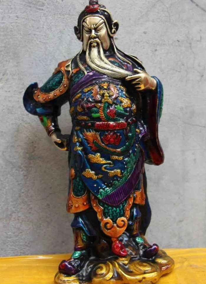 

China Folk White Copper Silver Painted Dragon Guan Gong Guan Yu Warrior Statue