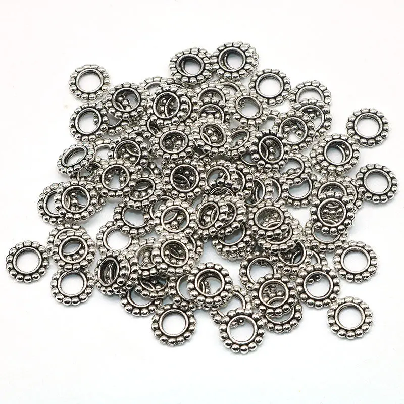 Silver 100 шт./лот, винтажные тибетские бусины в форме колеса, серебряный с большим отверстием, золотые бусины для изготовления браслетов, ювелирных изделий, 10 мм - Цвет: Silver