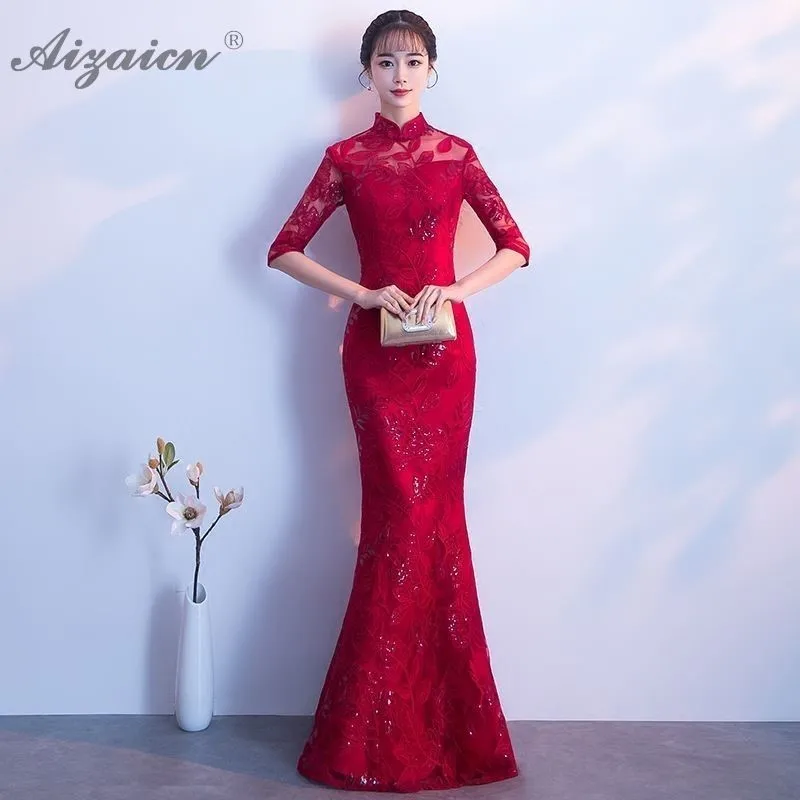 Современный красный Русалка длинное Cheongsam сексуальное Qi Pao женское традиционное китайское свадебное платье Qipao восточные невесты элегантные вечерние платья