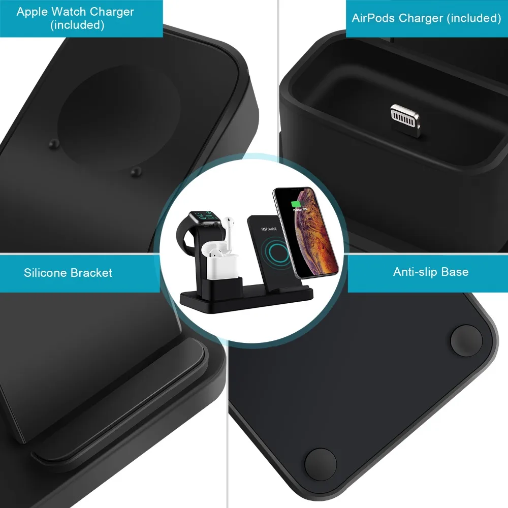 3 в 1 Qi быстрая Беспроводная зарядная станция совместима с Apple Watch& AirPods для IPhone 8 9 Xs Max для samsung S9/10 Note 9
