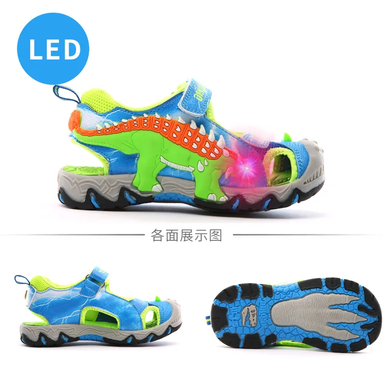 DINOSKULLS летние сандалии для мальчиков светящиеся кроссовки динозавра LED пляжные кожаные резиновые