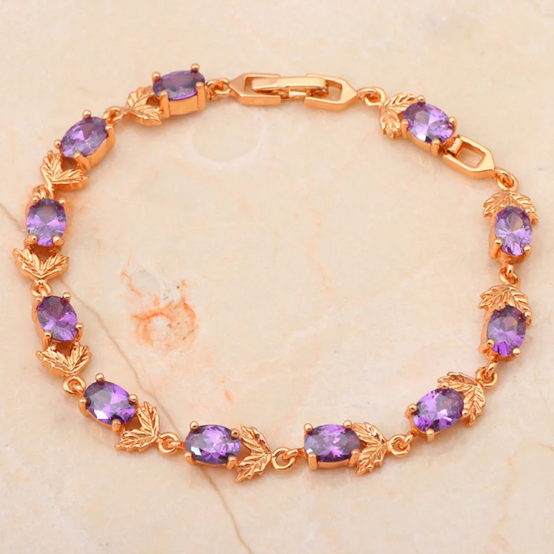 ROLILASON romantic rose pattern design violet purple crystal Zircon golden chain Bracelet wedding item Fashion jewelry TB666 | Украшения и