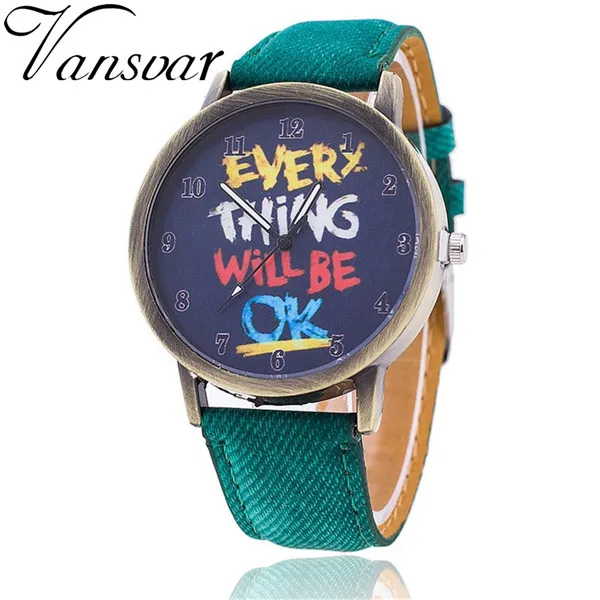 green Бренд Vansvar винтажные женские кожаные Everything Will Be OK часы модные повседневные женские наручные часы Relogio Feminino 729 - Цвет: green