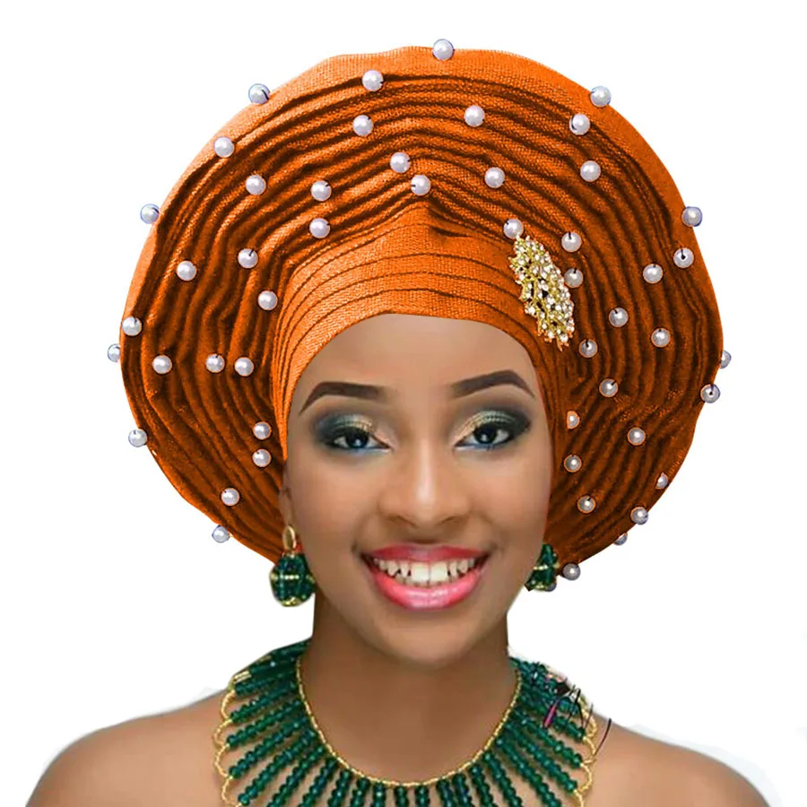 Африканский геле уже heatie Aso oke головной убор с бисером Африканский головной убор для женщин - Цвет: orange