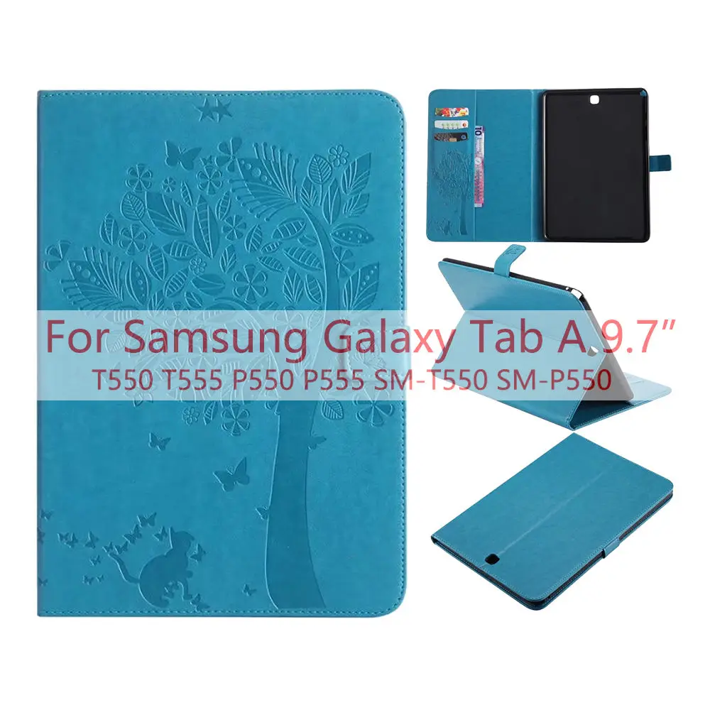 Синий Для samsung Galaxy Tab A 9," T550 T555 P555 чехол 3D тиснение Счастливое дерево из искусственной кожи флип-бумажник оболочка SM-T555 SM-P550 чехол для планшета - Цвет: Синий