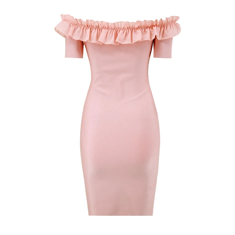 Женское Бандажное платье розовое с вырезом лодочкой и оборками открытыми