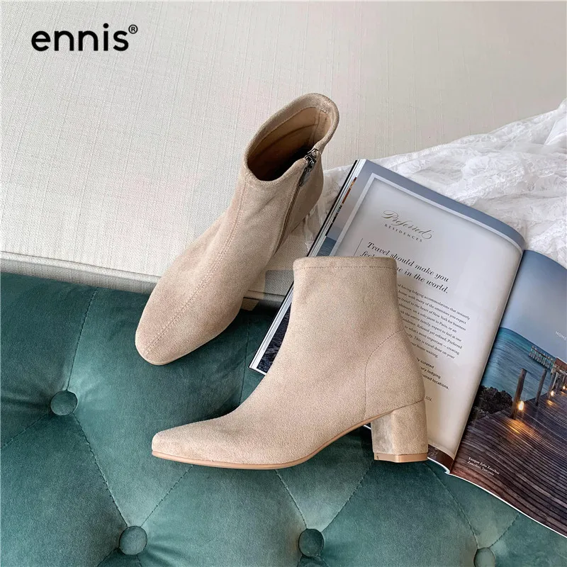 ENNIS/; осенние женские ботильоны; повседневные замшевые ботинки на толстом каблуке; женские ботинки с круглым носком; модная обувь в европейском стиле; A958