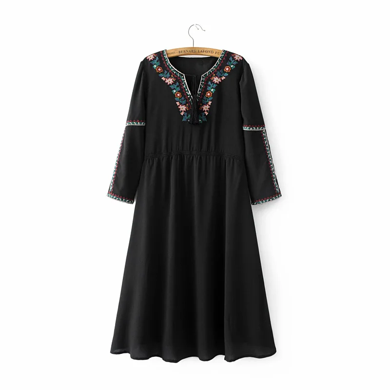 Платье женское черное с рукавом 3/4 и вышивкой|dress size|party dresseswholesale dress |