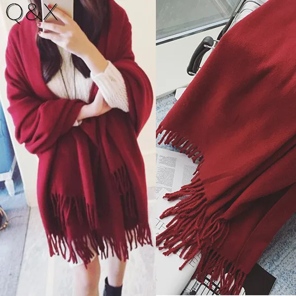 

2018 Solid Wind Red High Quality Shawl Luxury Autumn Winter Warm Pashmina Soft Female Tassel Women Faux Cashmere Scarf
