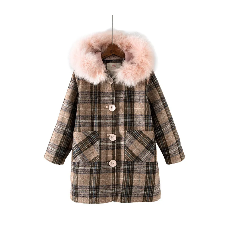 2018 модное утепленное шерстяное пальто с большим меховым воротником для девочек