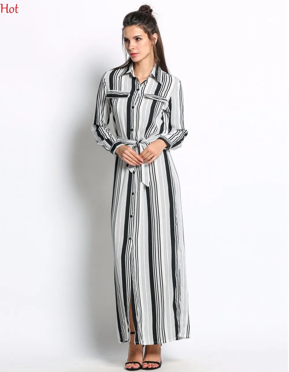 Популярное платье рубашка в черно белую полоску элегантное с длинным рукавом и