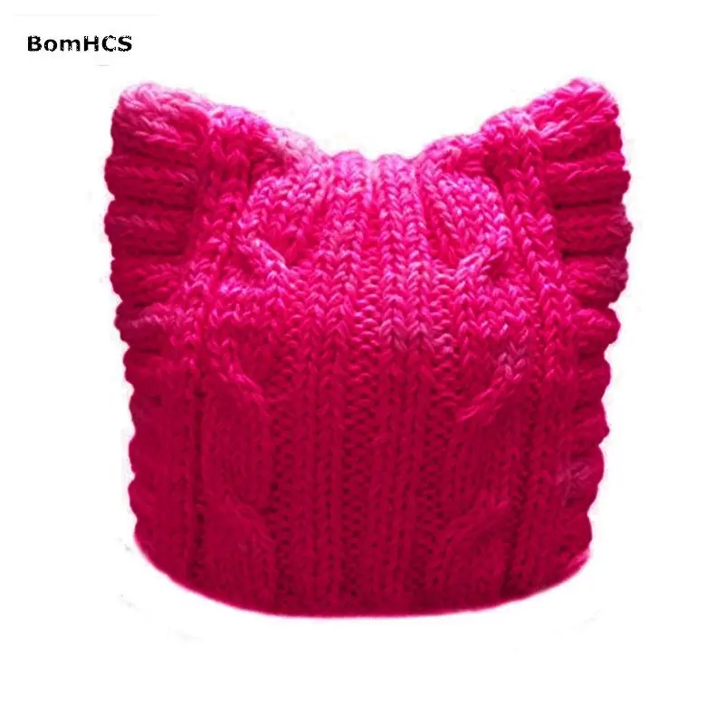 BomHCS, ручная работа, вязаная женская шапка с кошачьими ушками - Цвет: ROSE RED
