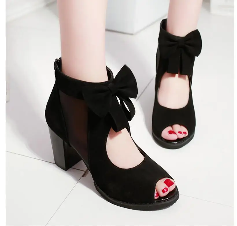 Новая модная женская обувь босоножки на молнии с бантом высоком каблуке Летняя