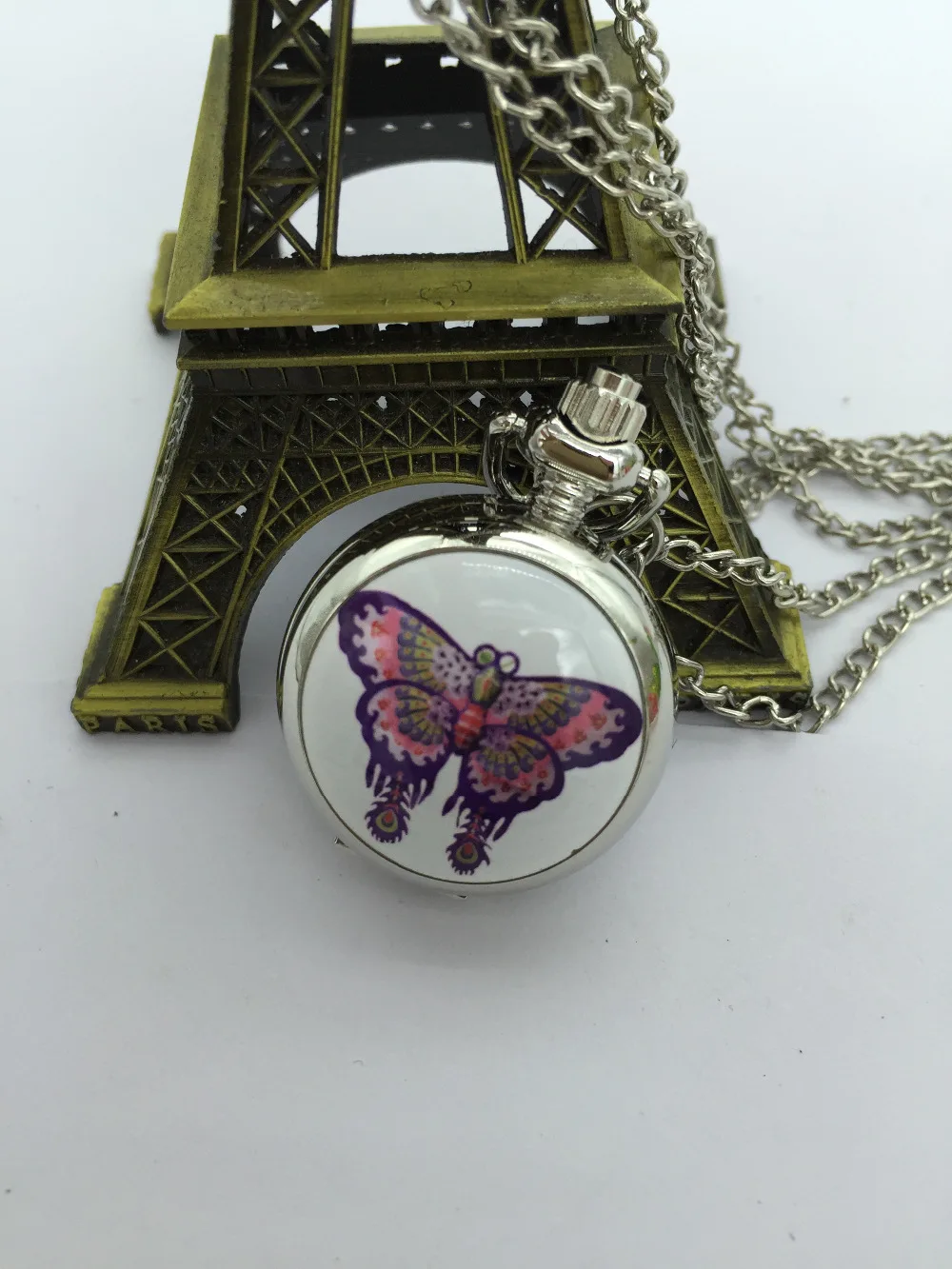

New Fashion quartz White steel silver enamel Purple butterfly pendant woman and girl gift pocket watches