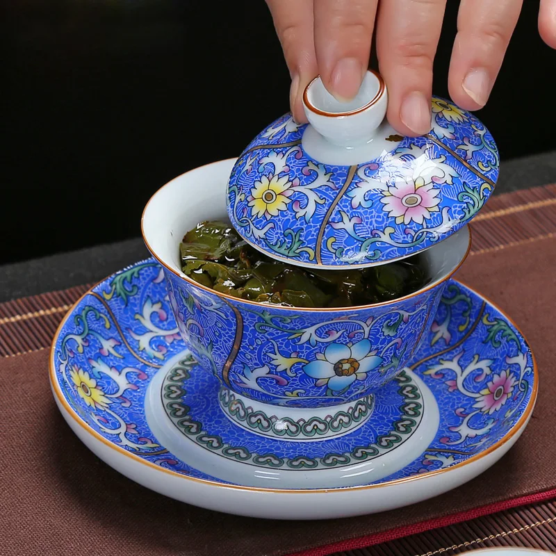 Яркий эмалированный цветной Gaiwan китайский стеклянный комплект блюдце с крышкой