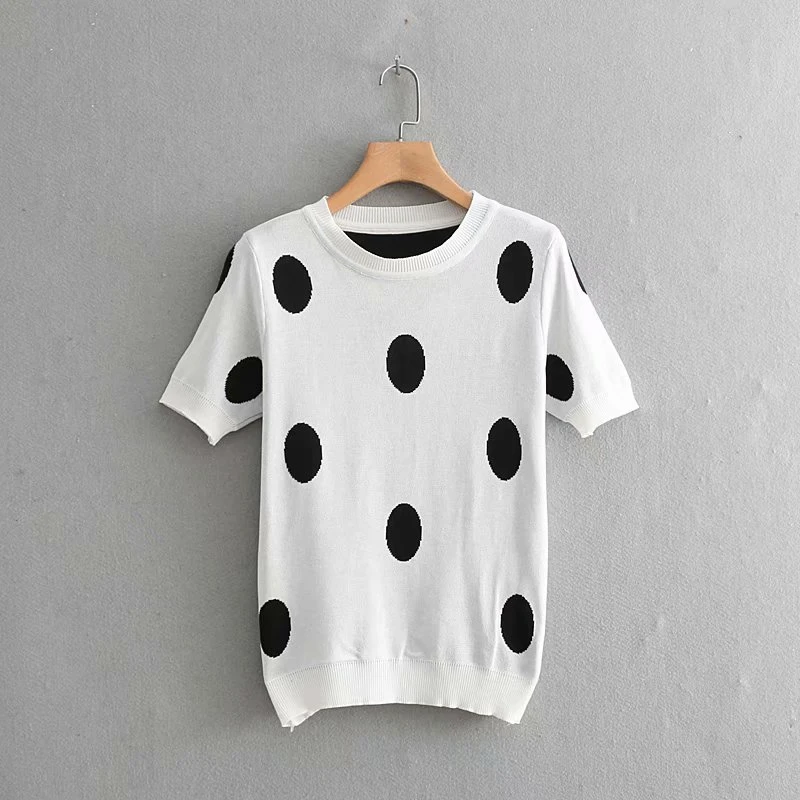 LUNDUNSHIJIA High Quality Short Sleeve Knitting Sweaters For Women 2019 Autumn Slim Pullover Top Circle Dots Female Sweater | Женская