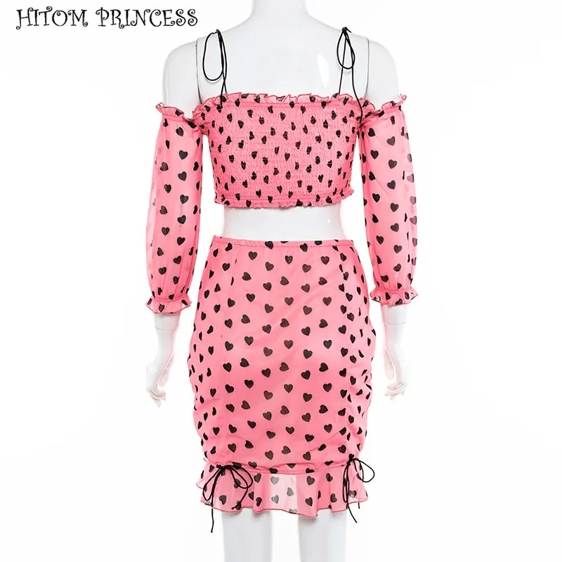 HITOM PRINCESS Off Shoulder Heart Print Crop Top Mini Skirt Chiffon 2 Piece Sets Women Two Outfits Summer Streetwear Party | Женская