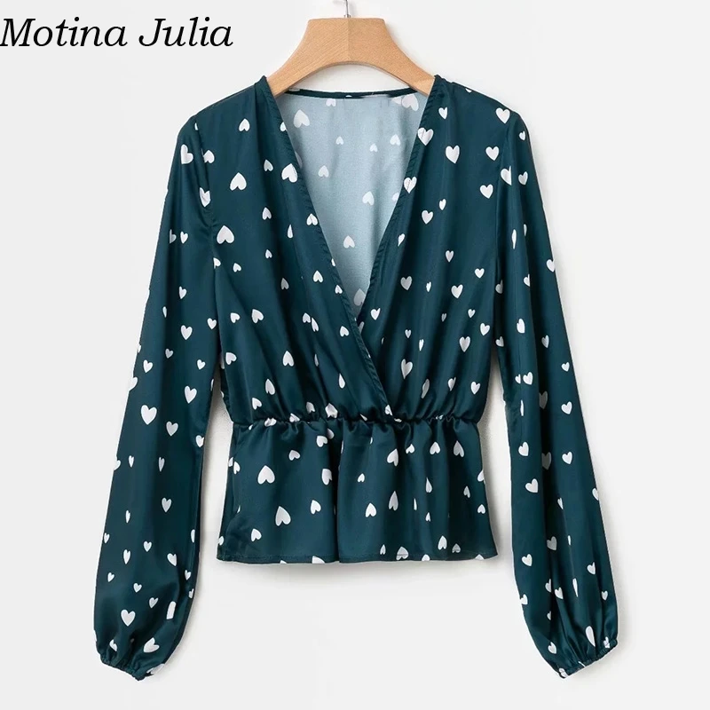 Motina Julia/стильная блузка с v образным вырезом и принтом в виде сердца женские