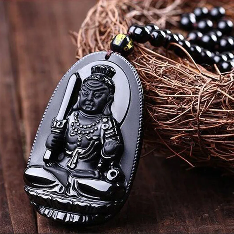

Fine Jewelry Natural Black Obsidian Carved Pusa Lucky Amulet Pendant Jade Necklace Women Men