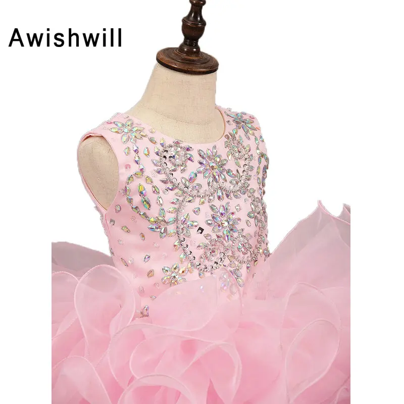 Платья для причастия розового цвета из органзы без рукавов с бисером короткое