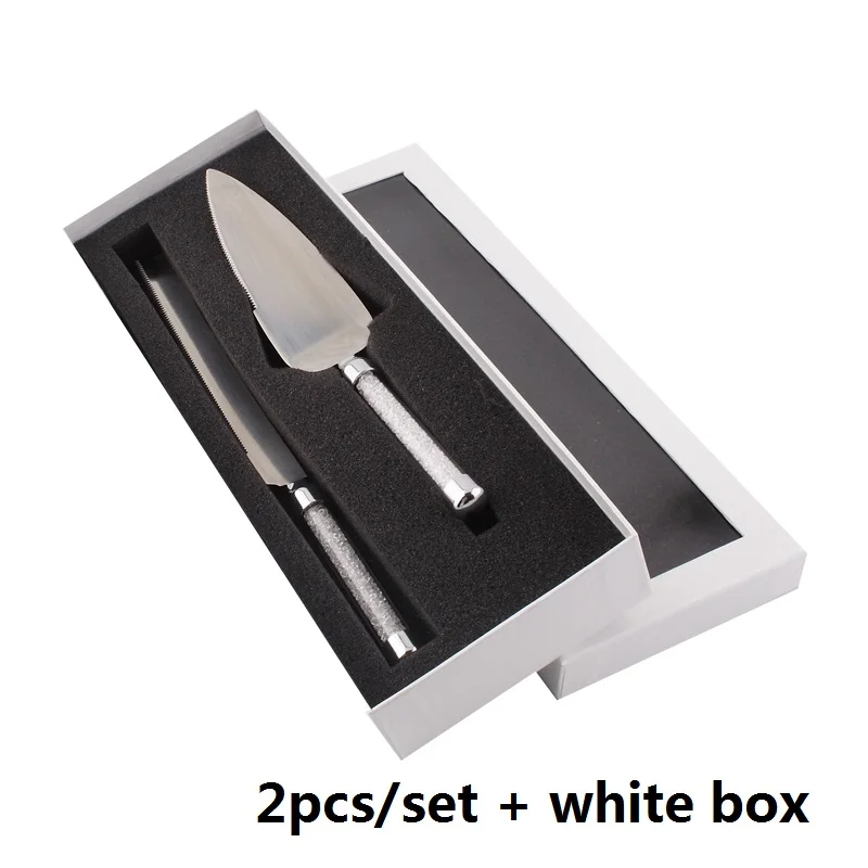 2pcs in White box 2 шт., набор ножей для свадебного торта, серебряная Лопата для пиццы, элегантные столовые приборы из нержавеющей стали, очки, акриловые, кристаллические, вечерние, подарок - Цвет: 2pcs in White box
