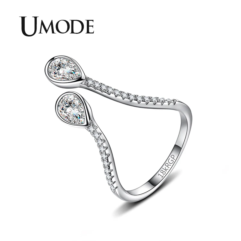 Женское кольцо манжета UMODE регулируемое из белого золота с фианитами в форме