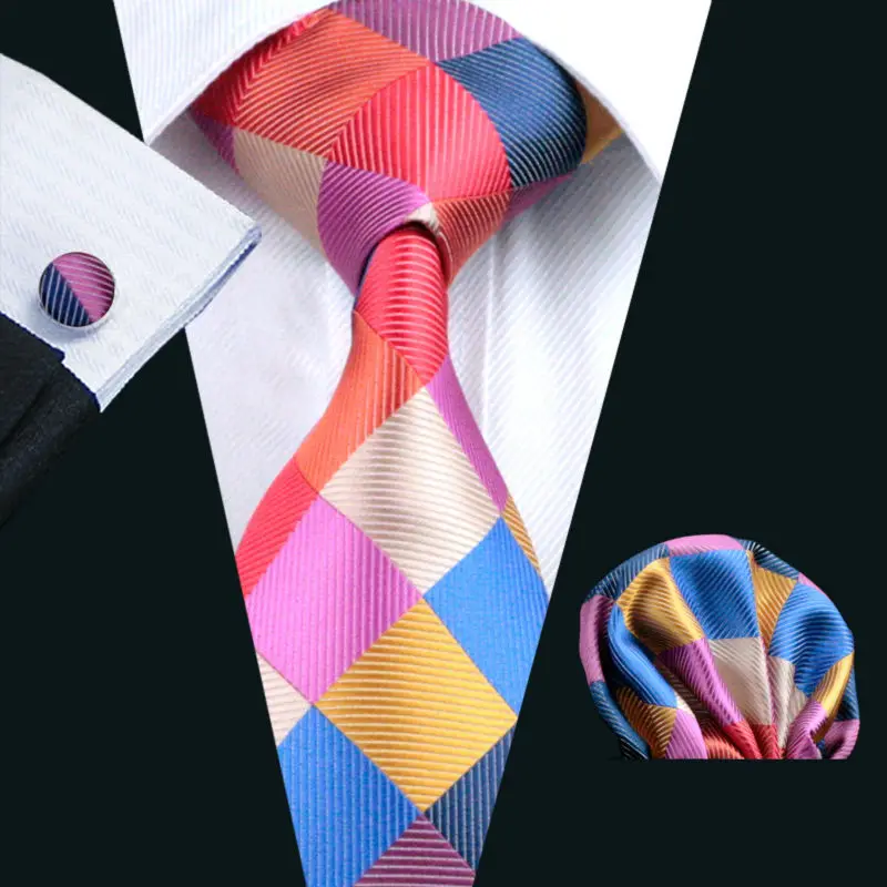 

2016 Hot Wedding Tie Hanky Cufflinks Set Multi-Color Plaid Pattern Handmade Silk Ties for Mens Business Party Necktie LS-216