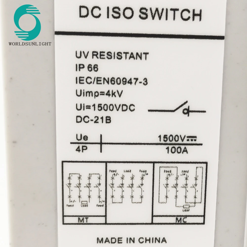 Внешний 1000 в 63 а 4P Солнечный PV DC фотоэлектрический переключатель IP66 |