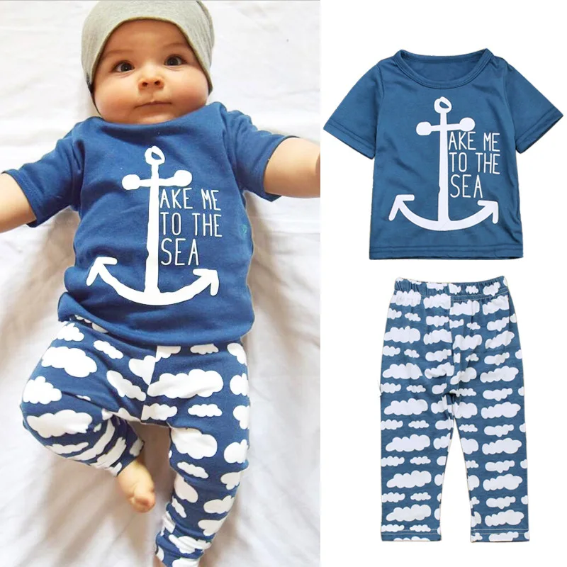 0-24M Baby Boys Anchor Clothes Outfits Kids Short Sleeve T Shirt Tops +Clouds Long Pants 2 Pcs N ewborn Clothing |