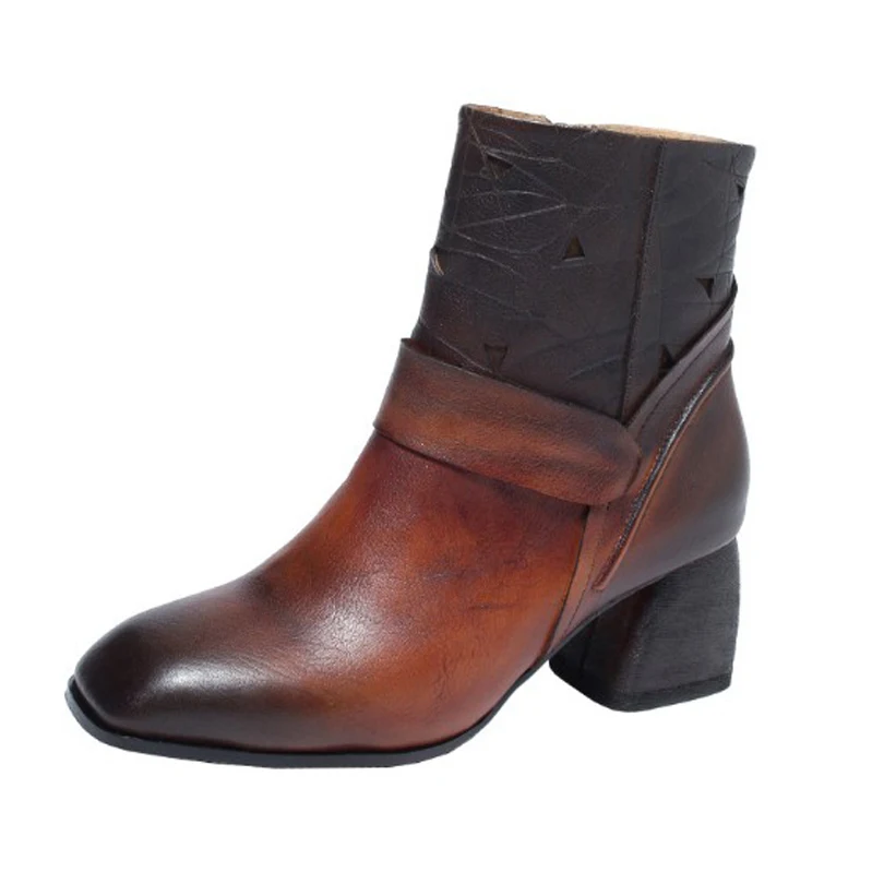 

Retro Style Cow Full Grain Natural Cow Leather Women Boots High Spike Heels SquareToes Riding Shoes For Women Spring And Autumn