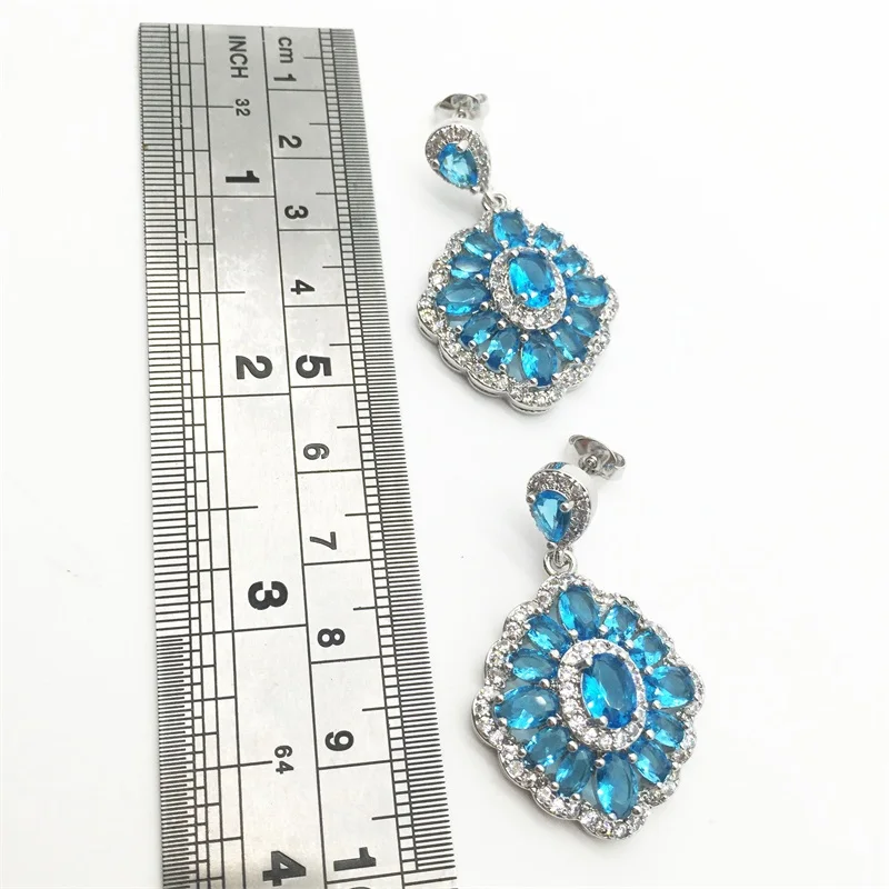 Flower Sea-Blue White color Silver Jewelry Sets For Women Drop Earrings/Necklace/Ring/Pendant Free shipping | Украшения и