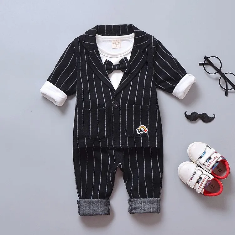 BBYZ cai Black Новинка весны детская одежда Детский Блейзер деловой костюм джентльмена для Повседневное, костюмы для мальчиков, куртки с бантом и галстуком-бабочкой, футболка, штаны, 3 шт./компл., Одежда для младенцев - Цвет: BBYZ cai Black