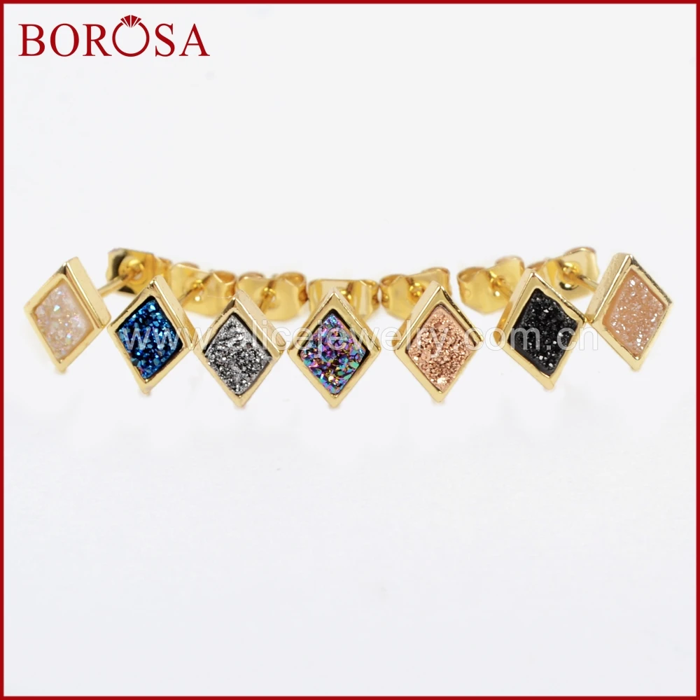 

BOROSA 5/10Pairs Rhombic Gold Color Bezel Druzy Stud Earrings Rainbow Titanium Agates Drusy Earring for Women Jewelry DIY ZG0281