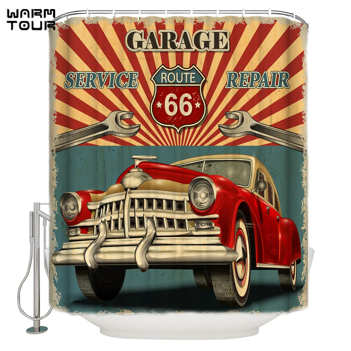 

WARMTOUR Shower Curtain Classic Poster Retro Car Route 66 Waterproof Shower Curtain Bathroom Decor