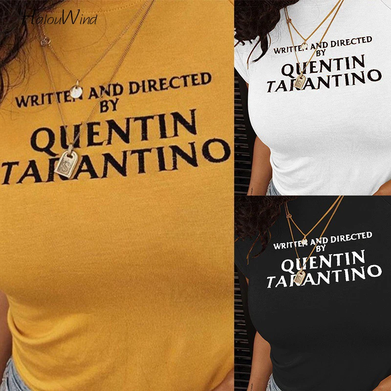 Summer Quentin Tarantino Letter Print Yellow T Shirt Cropped Short Sleeve Streetwear Tops Tees Crop Top Camisetas 90s Tee Tshirt