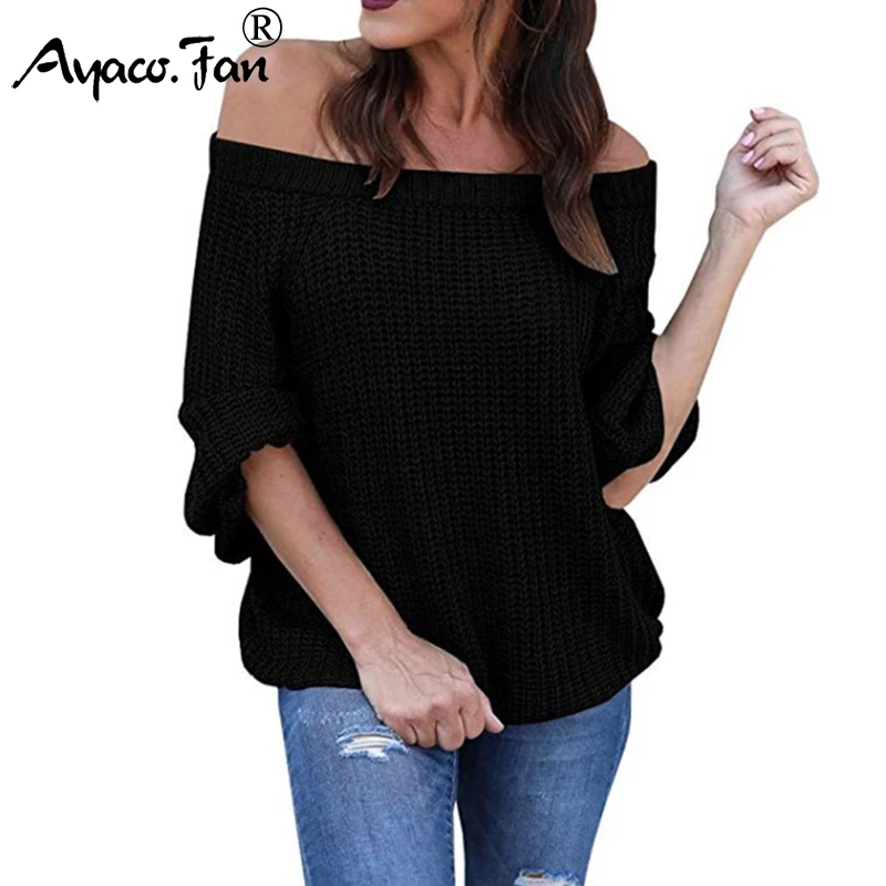 Pullovers 2019 Autumn Winter New Solid Off Shoulder Lantern Sleeve Knitted Sweaters for Women Female Lady Loose Pull Plus Size | Женская