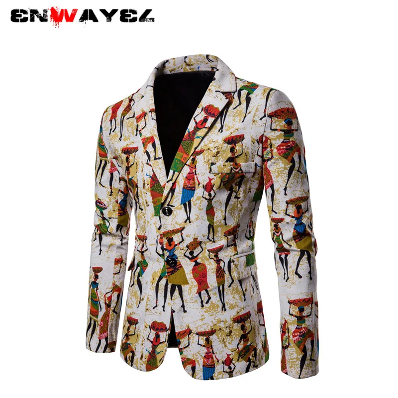 ENWAYEL 2019 Демисезонный Новый печати Slim Fit Для мужчин Блейзер Африка Национальный