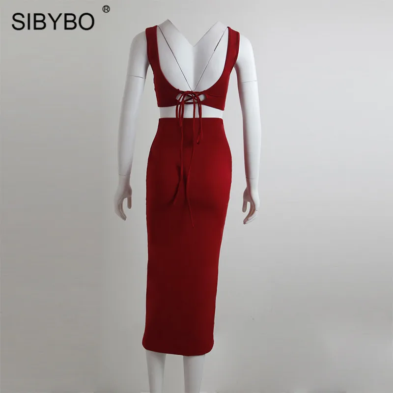 Sibybo, осеннее платье без рукавов, сексуальный комплект из двух предметов, женское платье с квадратным воротником, высокая талия, длинное платье, вечерние, повседневные, летние, платье на бретелях