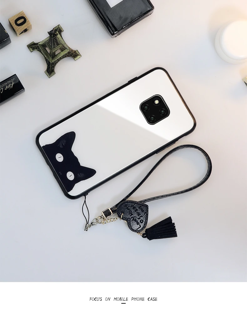 BONVAN чехол из закаленного стекла для huawei mate 20 Pro mate 20 милый чехол с котом для huawei mate 20 lite с кисточкой-сердцем ремешок чехол для телефона s