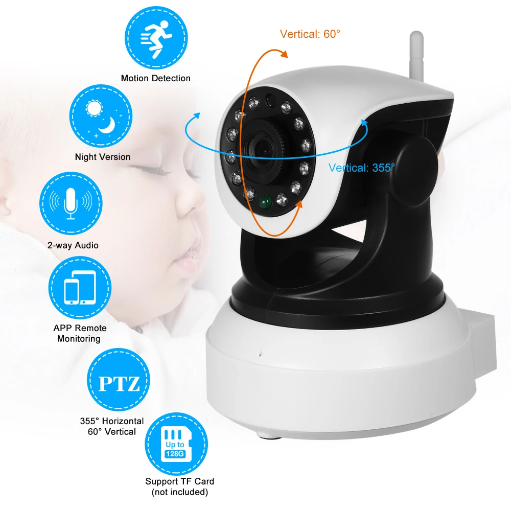 1080P беспроводная WiFi IP камера детский монитор PTZ TF карта Запись детектор движения